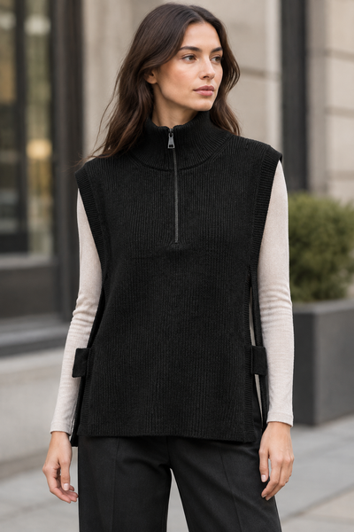 Female model wearing the black side-open knit vest
