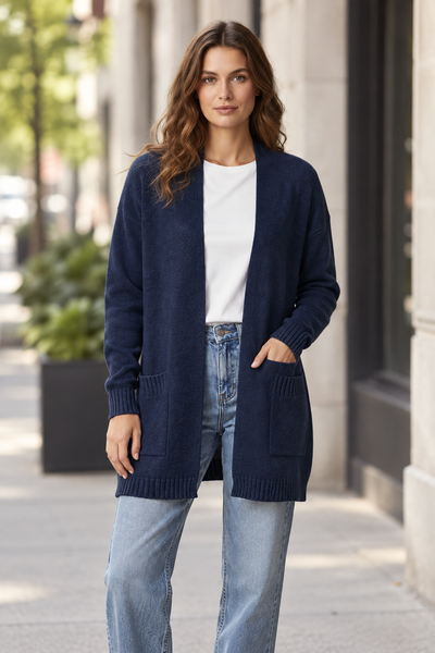 Navy open front cardigan on female model