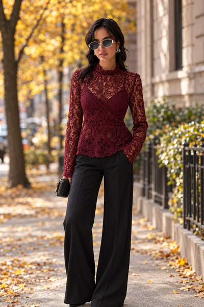 Long Sleeve Lace Blouse in bordeaux