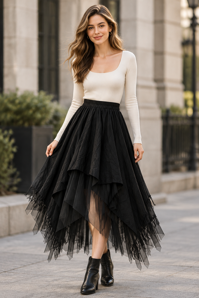 Female model wearing the asymmetric layered skirt in black