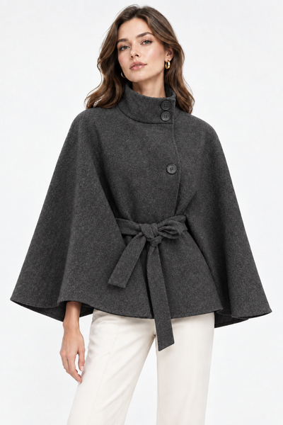Model wearing the carbon belted cape