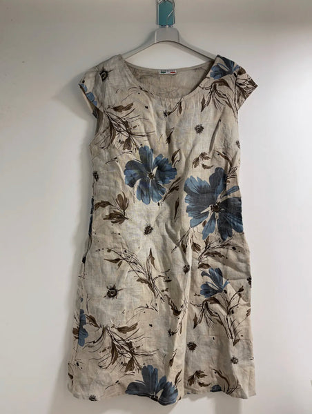 Cap Sleeve Floral Linen Dress - Italian