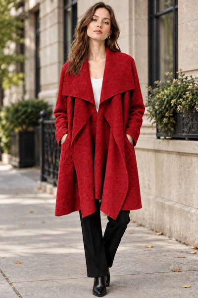 Red open-front long cardigan on female model