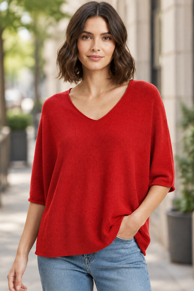 Female model wearing the red three-quarter-sleeve sweater