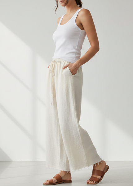 Wide Leg Fringe Linen Pants - Italian