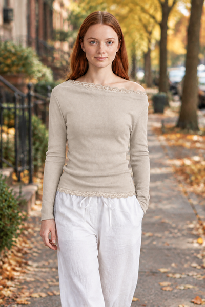 Lace Trim Light Sweater in beige