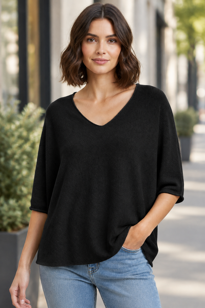 Female model wearing the black three-quarter-sleeve sweater