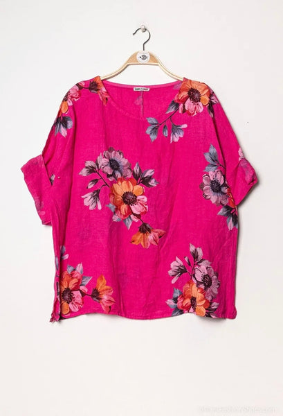 Long Sleeve Floral Print Linen Top- Italian