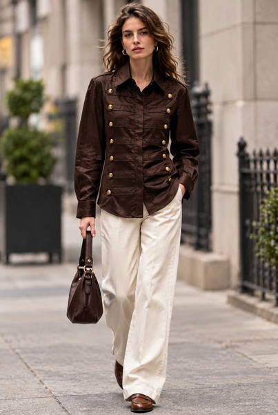 Brown satin military-style shirt on a model