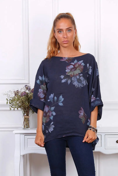 Long Sleeve Floral Print Linen Top- Italian