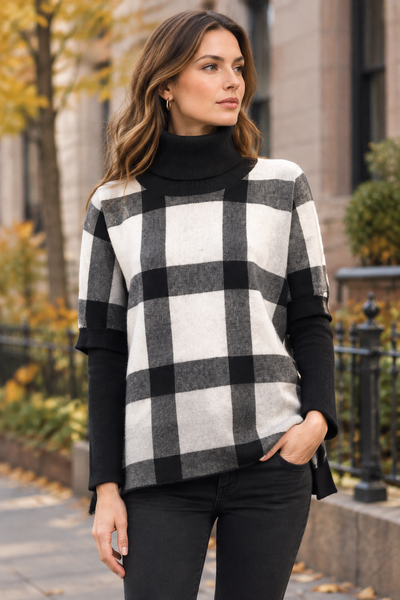 Black plaid poncho sweater on a female model