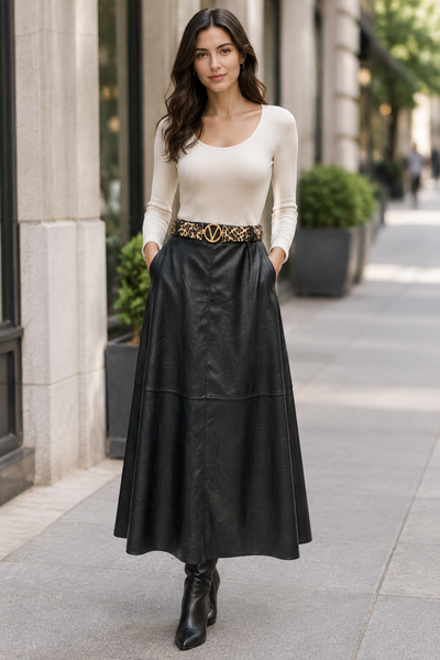 Female model wearing the black belted leather skirt at the same length as the first gallery photo