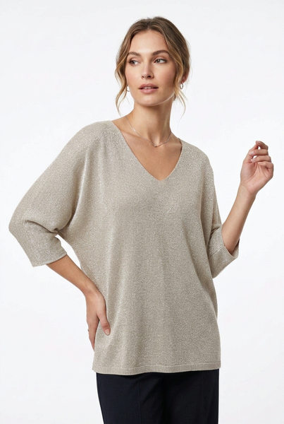 Female model wearing the beige three-quarter sleeve V-neck lurex sweater