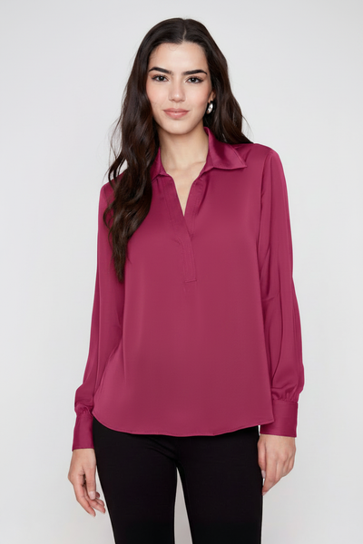 Model wearing the Long Sleeve Sateen Blouse in boysenberry