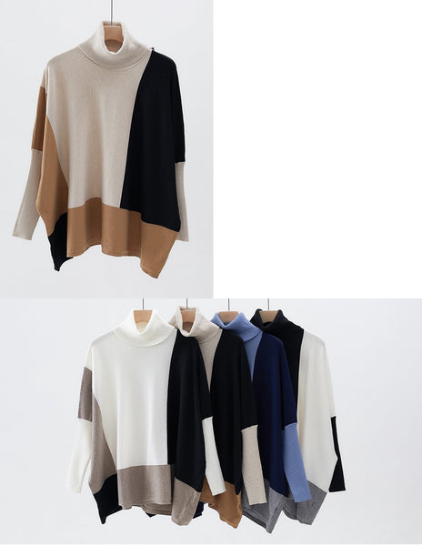 Turtle Neck Color Block Poncho Sweater