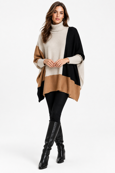 Turtle Neck Color Block Poncho Sweater