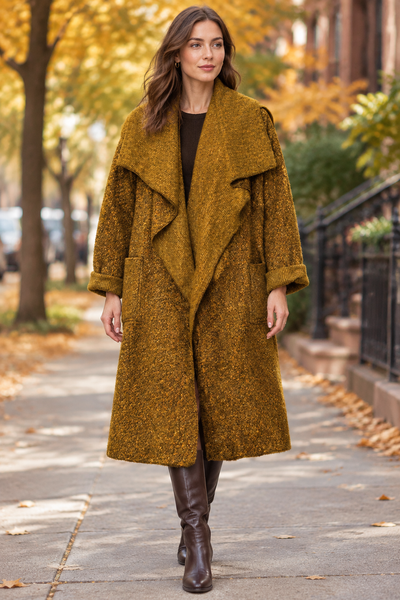 Mustard coat on a female model