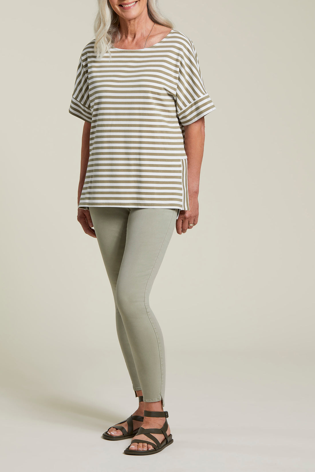 Boat Neck Stripe Side Slit Top