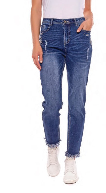 Embroidery Detail Jeans With Fringe