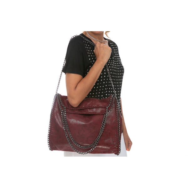 Chain Trim Faux-Leather Bag