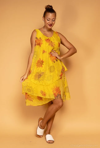 Sleeveless Floral Print Layered Silk Dress - Italian