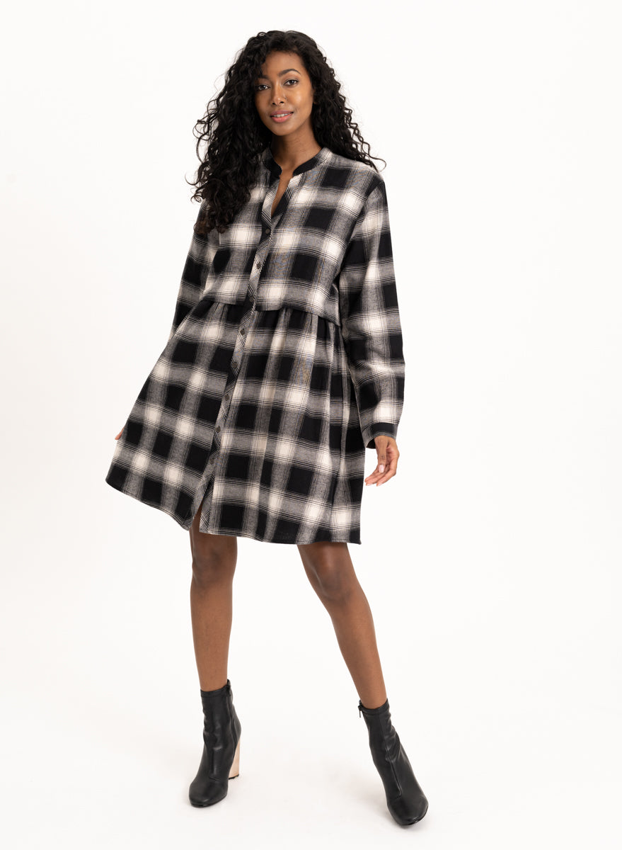 Long Sleeve Flair Plaid Cotton Dress