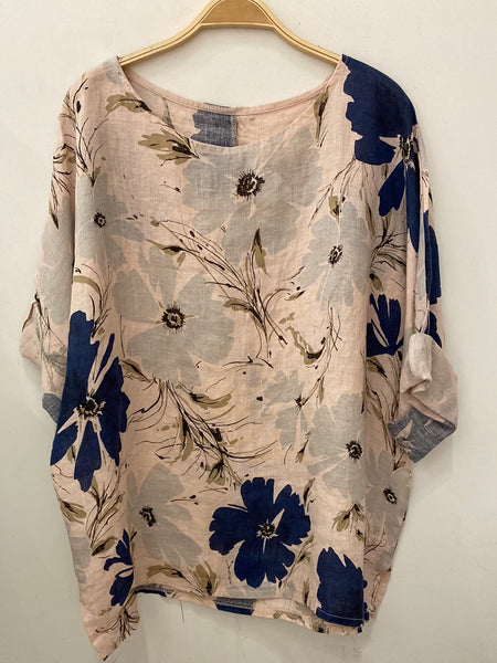Long Sleeve Floral Print Linen Top- Italian