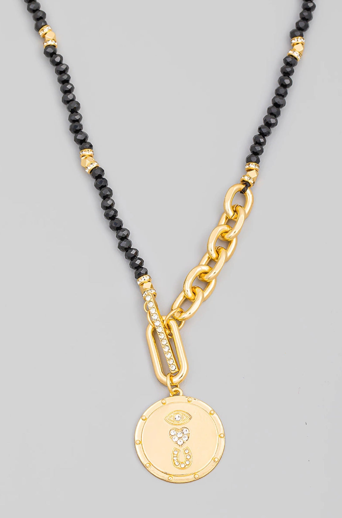 Beaded Chain Link Eye Love U Coin Necklace