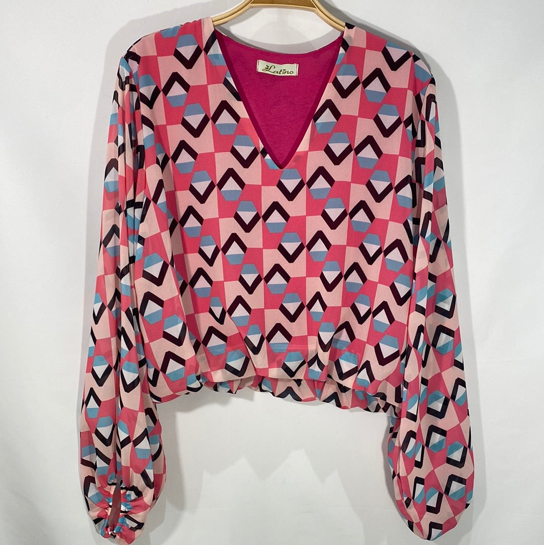 Long Sleeve  V Neck Print Top