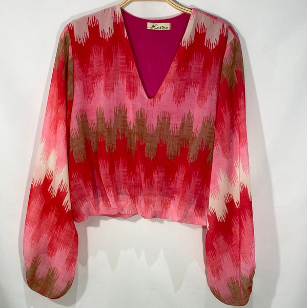 Long Sleeve  V Neck Print Top