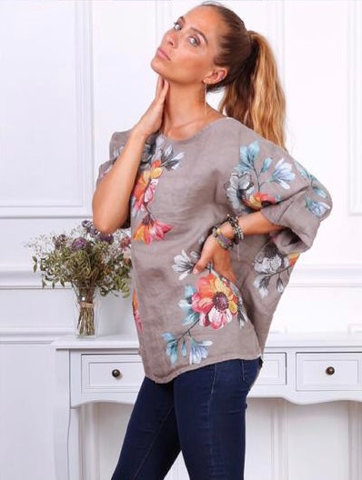 Long Sleeve Floral Print Linen Top- Italian