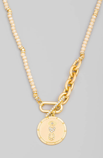 Beaded Chain Link Eye Love U Coin Necklace
