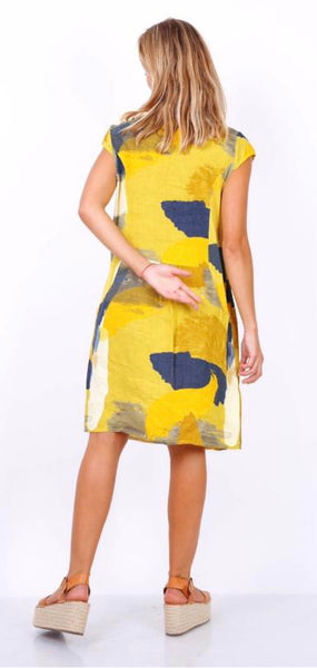 Cap Sleeve Abstract Print Linen Dress - Italian