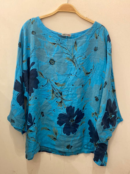 Long Sleeve Floral Print Linen Top- Italian