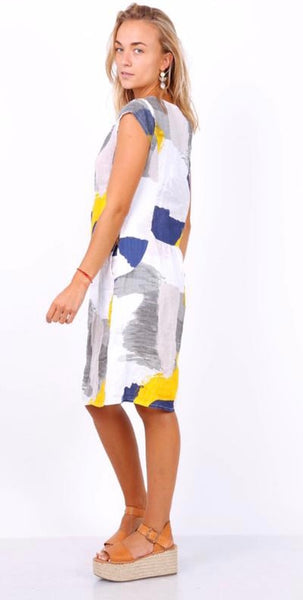Cap Sleeve Abstract Print Linen Dress - Italian