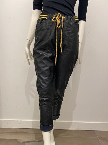 Draw String Waist Vegan Leather Pants - Italian