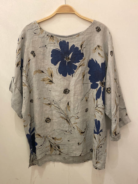 Long Sleeve Floral Print Linen Top- Italian