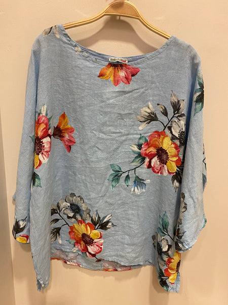 Long Sleeve Floral Print Linen Top- Italian