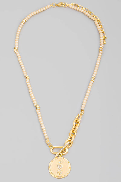 Beaded Chain Link Eye Love U Coin Necklace