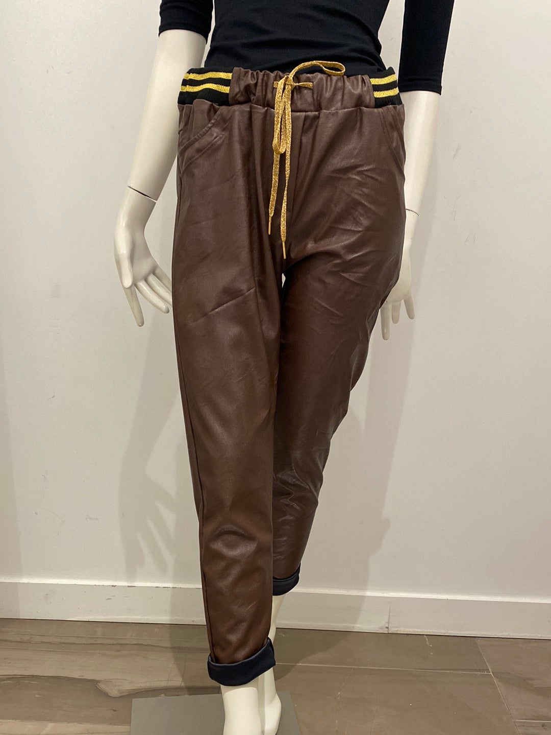 Draw String Waist Vegan Leather Pants - Italian