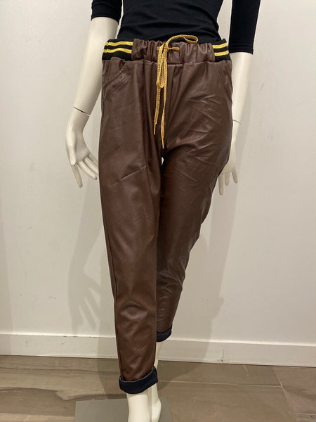 Draw String Waist Vegan Leather Pants - Italian